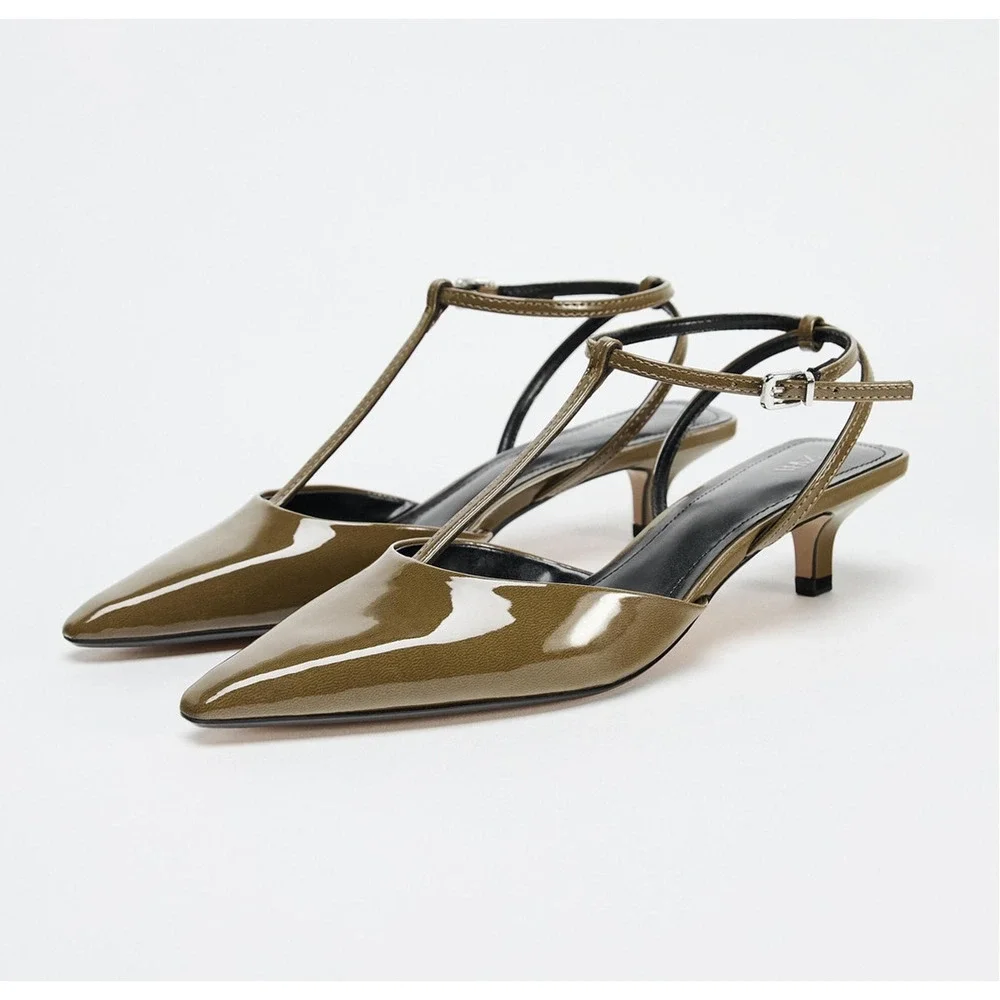 Zara Olive Green Pointed Toe T-Strap Slingback Heels NWT - Picture 13 of 16